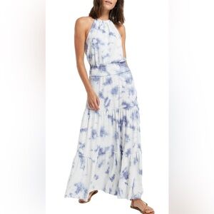 Z SUPPLY The Beverly Maxi Dress Tiered Smock Waist Cloudy Tie-Dye White/Blue XS